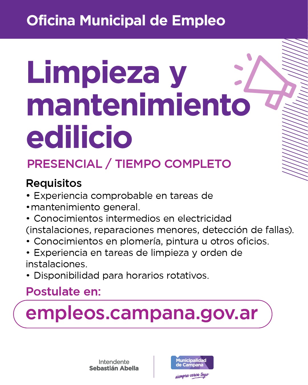 Se busca personal con conocimientos en plomería, pintura u otros oficios para limpieza y mantenimiento edilicio