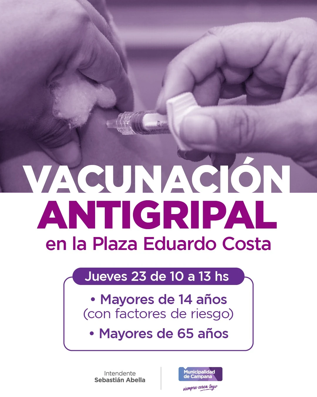 Este jueves vacunación: Dosis antigripales para embarazadas y mayores de 65 en la Plaza Eduardo Costa